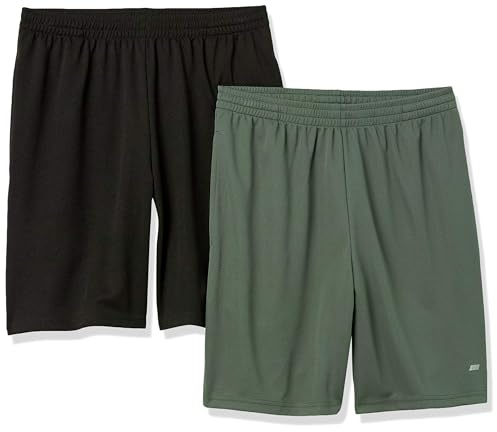 Amazon Essentials Herren Sportliche Basketball-Performance-Tech-Trainingsshorts mit Lockerer Passform, 20,3cm Beininnenlänge, 2er-Pack, Olivgrün/Schwarz, L