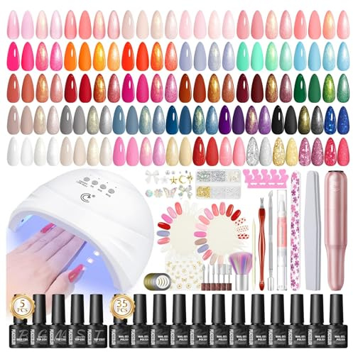 PEACECOLOR 65Pcs Gel Nägel Set mit Lampe, 35 Farben UV Nagellack Set | Klassisch Rot Weiß Lila Blau Funkeln und Fräser für Gel Nagelset Starterset Base Top Coat Nägel Selber Machen Nagelstudio Set