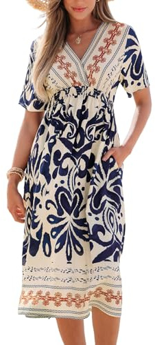 CUPSHE Damen Sommerkleid Paisley V-Ausschnitt Freizeitkleider Kurzarm Gesmokt Taille Strandkleid A Linie Midi Dress