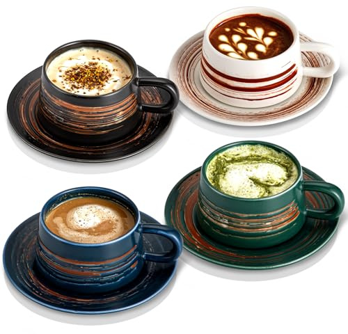 YUN TAO Cappuccino Tassen Set 4er, 236 ml, Kaffeetassen mit Untertassen für Zuhause, Frühstück, Café, Gastronomie, spülmaschinenfest