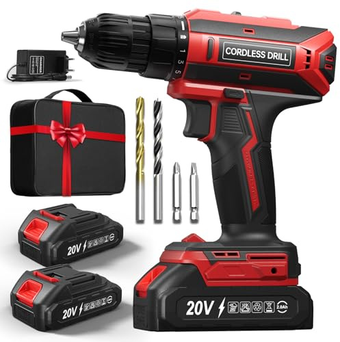 Akkuschrauber mit 2x 2000mAh Akkus, 20V Akku Bohrschrauber Set 42Nm Max, 2-Gang Akku-Bohrmaschine, Kompatibel mit Makita Akku, 25+1 Drehmomentstufen, 10mm Bohrfutter, LED, Für Reparatur und DIY Rot
