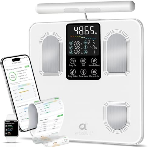 arboleaf Körperanalysewaage Personenwaage digital 50 Körpermaße, Körperfettwaage mit Handsensoren & großes Display Waage mit Körperfett und Muskelmasse, Körperwaage 8-Elektroden mit App