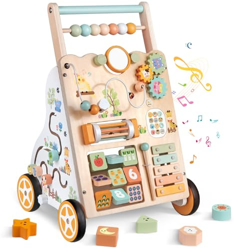 Baby Holz Lauflernwagen mit Rädern – Montessori Lauflernspielzeug für Mädchen & Jungen ab 1 Jahr – Schiebewagen mit Aktivitätscenter, Verstellbarer Lernspielzeug für Kleinkinder (Natürliche)