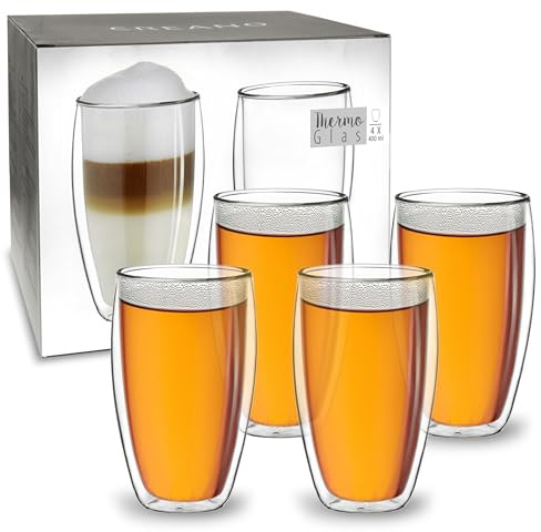 Creano® doppelwandiges Thermoglas 400ml „DG-SH“, 4er Set | großes Doppelwandglas aus Borosilikatglas - Kaffeegläser - Teegläser - Thermoglas