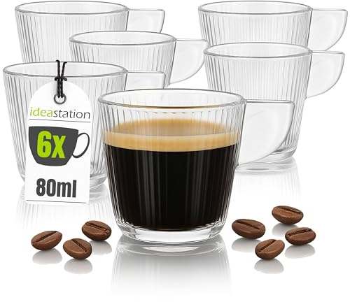 idea-station Espressotassen Set 6 Stück - 80 ml - italienisches Espresso Tassen Set - linierte Espresso Gläser - perfekte Espressotasse für Doppio, Ristretto, Lungo