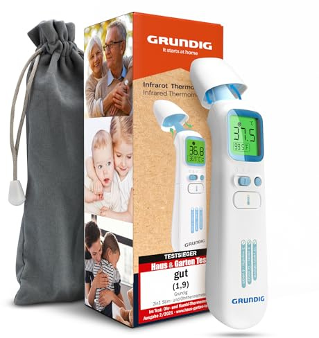 GRUNDIG Fieberthermometer Testsieger - ohne Folgekosten - Thermometer für Baby Kinder Erwachsene - hochpräzise kontaktlos und digital Fieber an Ohr Stirn und Objekten (ohne Batterien)