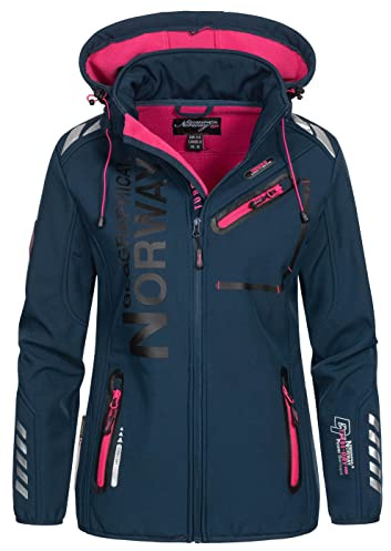 Geographical Norway RÊVEUSE Lady - Softshell-Jacke Für Damen Outdoor -Funktionsjacke Winddicht Winterjacke Kapuze - Softshelljacke Mantel Winter Warme Ideal Aktivitäten Blau/Rosa L - Größe 3