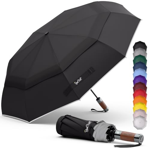 Royal Walk Regenschirm Taschenschirm Sturmfest Automatik Auf und Zu Winddichter Doppelverdeck Klein Stabil Schirm Reflektierend mit Luxuriösem Echtholzgriff für Damen und Herren Umbrella