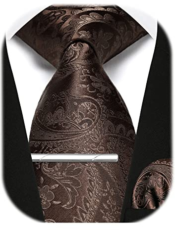Enlision Herren Braun Paisley Krawatte und Einstecktuch mit Krawattenklammer Set Business Hochzeit für Herren Krawatte & Einstecktuch & Krawattennadel Sets,Braun