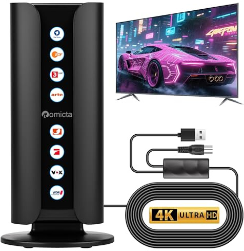 Romicta DVB-T2 Antenne für Innen, DVB-T & DVB-T2 Antennen mit Verstärker, DAB/DAB+ Empfang, Zimmerantenne für Fernseher mit Großer Reichweite und 360° Empfang, für 4K 1080p Alle TV-Gerät, 5m Kabel