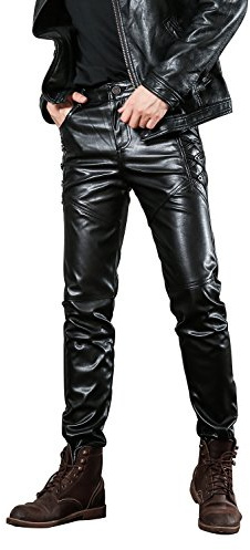 Idopy Herren Slim Fit Soft PU Faux Leder Biker Hose Trachtenlederhose Lederhosen