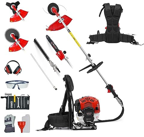 BU-KO 52cc Rucksack Lange Reichweite Benzin Multifunktions-Gartengerät: Benzin-Rasentrimmer und Freischneider, ausziehbare Heckenschere, Gartenschere, Kettensäge, 75 cm