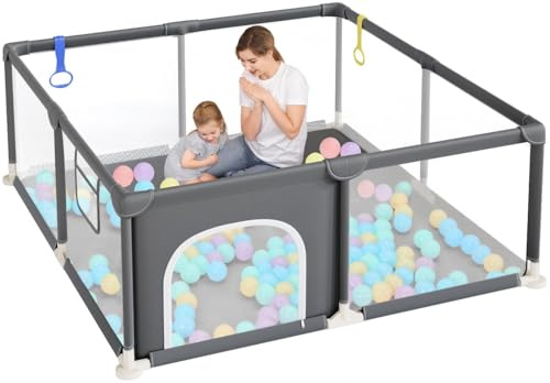 Dripex Laufstall Baby, Kompakter Laufgitter Baby faltbar ideal für kleine Räume, Indoor & Outdoor Laufgitter & -Ställe mit Atmungsaktivem Netz & Pull-up Rings, 124x124cm, Dunkelgrau