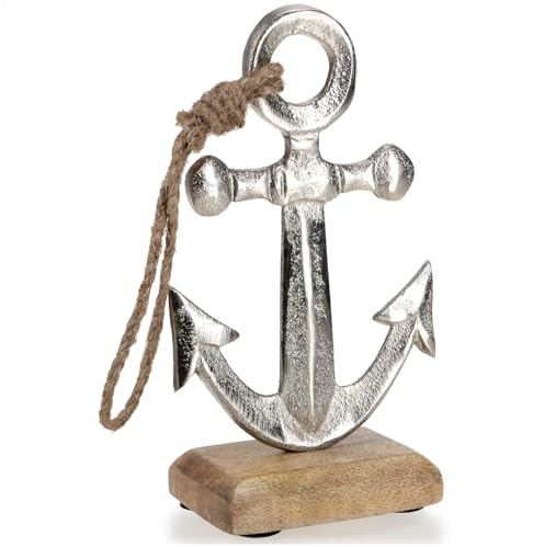 com-four® Deko Aufsteller Anker - Maritime Dekofigur - Metall-Skulptur auf Mangoholz-Sockel - Deko-Anker mit Juteseil zum Hinstellen und Dekorieren - nautisches Dekoelement