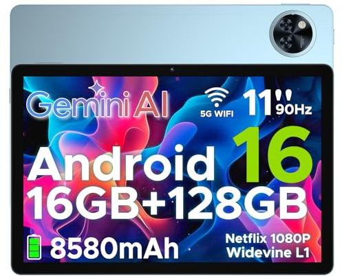 DOOGEE U11 Android 16 Tablet 11 Zoll Gemini AI 16GB RAM +128GB ROM (2TB TF), 8580mAh Gaming Tablet Unisoc T7200 Octa-Core, Widevine L1+13MP+5MP Tablets PC, 2.4G+5G WLAN GMS/3.5mm Audio/OTG/GPS/Face ID