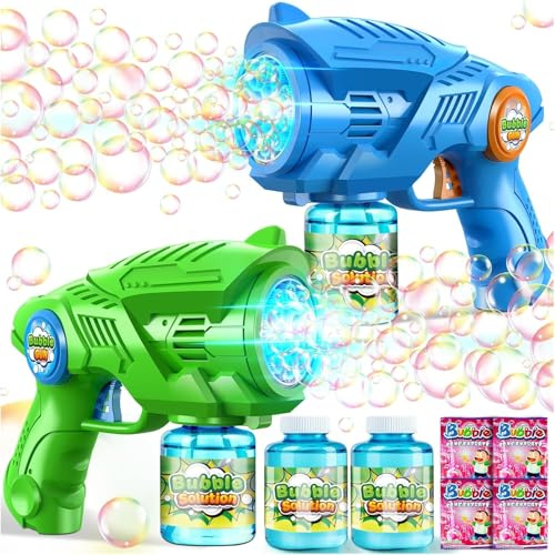 Nicmore 2 Elektrische Seifenblasenpistole Kinder: Seifenblasenmaschine mit 2 Seifenblasen Nachfüll-Lösung & LED Licht EIN-Knopf-Start & Auslaufsichere Bubble Gun für Outdoor Party (3+ Jahre)
