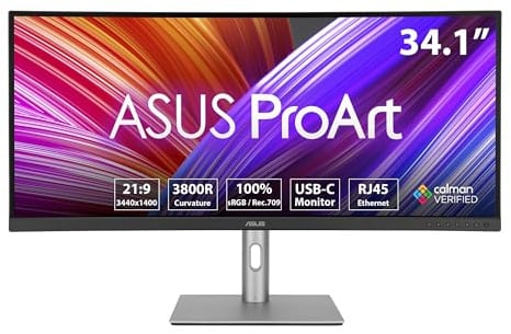 ASUS ProArt PA34VCNV 34 Zoll 60Hz QHD Ultrawide Curved Professional Monitor | Calman verifiziert, 100% sRGB, Delta E < 2, IPS, 3800R Curve, HDR 10 USB-C 96W, HDMI, USB-Hub, RJ45 Ethernet