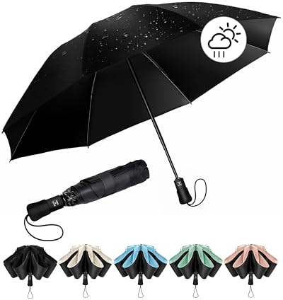 Chakipee Regenschirm Groß Sturmfest Kompakter Reise für Damen und Herren– Automatik Auf und Zu Taschenschirm Tragbarer UV-Schirm, Taschenschirme Schwarz 210T Beschichtung 8 Rippen