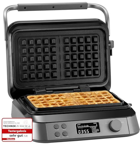 KLAMER Waffeleisen 1600W, doppelte belgische Waffeln, 7 Bräunungsstufen und 5 Programme auf Display, Platten mit Antihaftbeschichtung, Überlaufrille