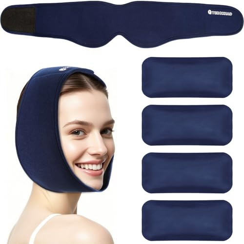 TEBOKHAD Weisheitszahn Kühlkompresse Kühlpads Gesicht, 4 Stück Freihändig Weich Gel Kühlpack, Mit 85x13cm Kühlbandage, Kühlpads WeisheitszähneFür TMJ-Schmerzlinderung & Zahnschmerzen Kieferentspannung