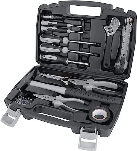 Amazon Basics Werkzeug-Set für den Haushalt, Stahllegierung, 32 Teile, Schwarz / Grau