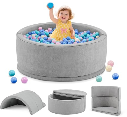 Aunekiv Bällebad ohne Bälle für Baby ab 1 Jahr, 7-in-1 Multifunktionales Schaumstoff Bällepool Ballgruben Kinder, Grau