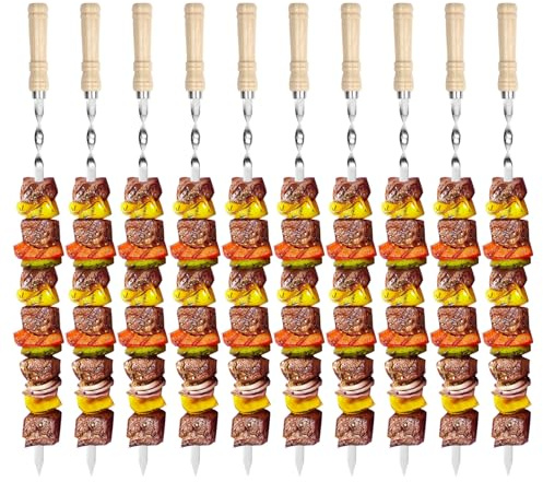Grillspieße Edelstahl, 10 Stück Wiederverwendbar Schaschlikspieße Edelstahl, Flache Lange Spieße mit Holzgriff, für Fleisch Gemüse Kebab Fleischspieße (55cm Lang)