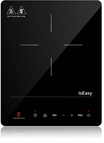 Induktionskochfeld 1 Platte, IsEasy Einzel Induktionskochplatte 2100W, 28cm kochplatte, Tragbares mit Kindersicherung, 9 Heizstufen, 8-Stunden-Timer, Max/Min-Funktion, Schwarz