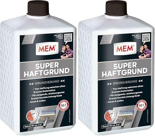 MEM Super Haftgrund, Intensive Untergrundhaftung, Für saugende und nichtsaugende Untergründe, Lösemittelfrei, 1 l, Weiß (Packung mit 2)