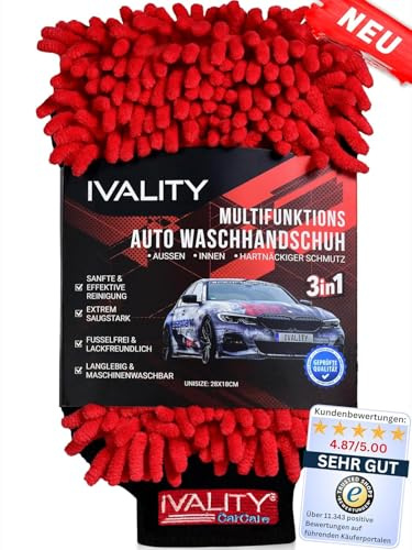 Ivality® Premium 3 in1 Auto Waschhandschuh – Mikrofaser Handschuh Lackschonend & Saugstark - Kratzfrei Schwamm Kfz Mit Gummibund Für Auto Waschen , Felgenreiniger & Insekten entferner