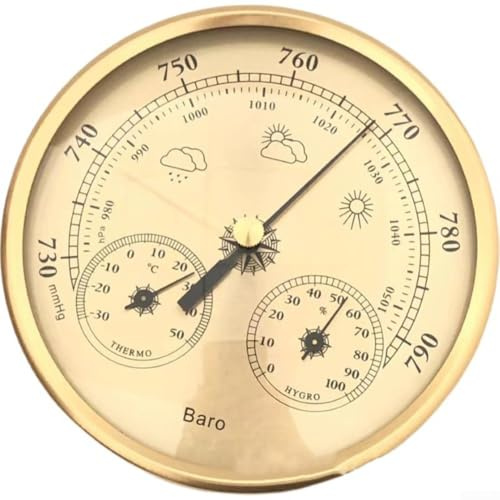 Zilimontt Analoges Barometer mit Thermometer Hygrometer, 3 in 1 Wetterstation für Innen und Außen, Edelstahlrahmen (Gold), benutzerzentriertes Design für einfaches Ablesen