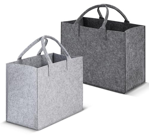 Fhtase 2 Stück Filztasche Einkaufstasche, 40 * 30 * 20 cm Filztasche Shopper, Filz faltbar Tragetasche für Outdoor Trips, Picknick, Einkaufen Außen（Dunkelgrau Grau）