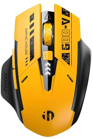 inphic A9 Kabellose Gaming‑Maus, wiederaufladbar, 12800 DPI, RGB | Tri‑Modus 2,4G / USB‑C‑Kabel / Bluetooth, sichtbare Akku‑Anzeige, für Laptop‑PC‑Computer, Gelb