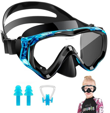 HIKOTEY Taucherbrille Kinder 4-16 Jahre, Schwimmbrille mit Nasenabdeckung,Schnorchelmaske für 180° Panorama HD Silikonband, Anti Nebel Anti-Leck Schnorchelset für Mädchen Jungen (Blau)