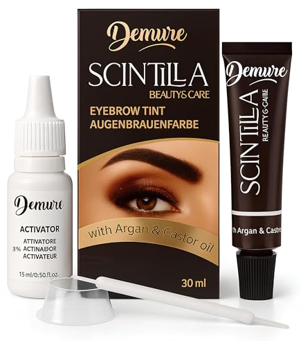 DEMURE Augenbrauenfarbe Set mit Entwickler, 15+ Anwendungen - 30 ml, Brow Tint, Dye mit Arganöl und Rizinusöl, Augenbrauen Färbeset bis zu 4 Wochen Halt (3.0 Dunkelbraun)