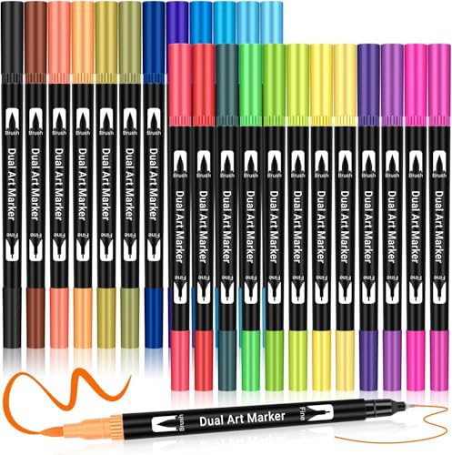 Maqhpu Filzstifte, 24 Farben Dual Brush Fineliner Feine Spitze & Pinsel Spitze, Filzstifte Dicke und Dünne für Erwachsene und Kinder, Pinselstifte für Bullet Journal, Zeichnen, Scrapbook, Schulbedarf