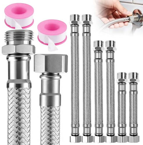 6 Stück 3/8 Zoll Edelstahl Flexschlauch Set 10/20/30cm + 2 Dichtungsband | Flexschlauch 3/8, Rostfreier Panzerschlauch 3/8 Zoll für Wasserhahn, Eckventil, Küche, Bad, Wasserhahn Verlängerung