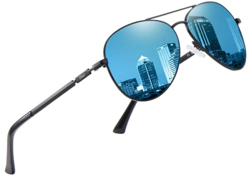 DUCO Sonnenbrille Herren Damen Pilotenbrille Polarisiert Fliegerbrille | UV400 Pilot Flieger Design, Verspiegelt Blau Schwarz Linsen, Metallrahmen für Fahren Berg Angeln DC3025K