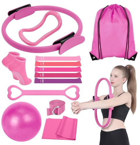 DVDGSC 13 Teiliges Pilates Ring Set: Pilates Rings Kit Für Frauen mit 38cm Pilates Ring 25cm Yoga Ball und Widerstandsbänder Home Gym Equipment
