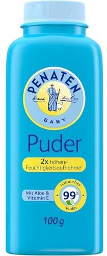 Penaten natürliches Baby Puder mit Aloe & VitaminE(1x 100g)- Schützt empfindliche Haut, nimmt Feuchtigkeit auf & hält die Haut trocken- Dermatologisch bestätigt-99% Inhaltsstoffe natürlichen Ursprungs