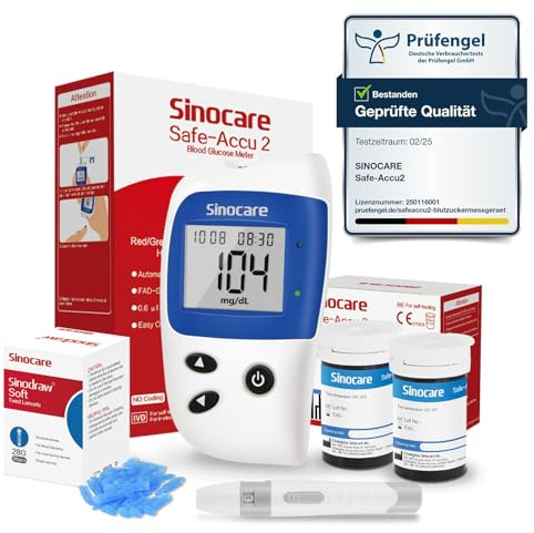 Sinocare Blutzuckermessgerät Set mit Teststreifen 50 mg/dL(Safe-Accu2)