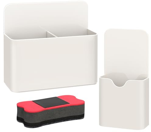 MoKo Magnetischer Stiftehalter, 2 Stück mit Schwamm, Weiß | Whiteboard Zubehör mit verstellbaren Trennwänden, als Stifthalter für Kühlschrank, Schule und Büro.