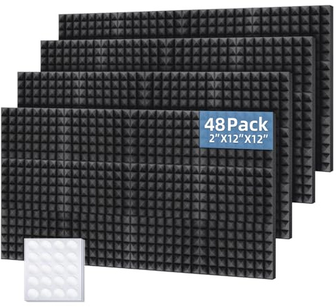 Ohuhu Schallschutzplatten 48 Stück mit Aufkleber, 30 x 30 x 5 cm Akustikschaumstoff Pyramidenschaumstoff Schalldämmung Akustikpaneele für Tonstudio Podcasts Youtube-Zimmer