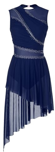 Miutii Damen Eiskunstlauf Kleid Ärmellos Glitzer Ballettkleid mit Asymmetrisch Rock Lyrisch Tanzkleid Modern Contemporary Tanzkleidung Marine Blau M