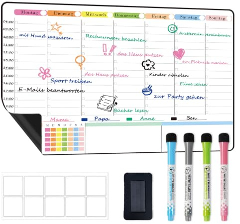 POPRUN Wochenplaner Abwischbar, Magnettafel Wochenplan, Familienplaner | Stundenplan Familie, Tagesplan Magnetisch, Whiteboard Planer, Tagesplan Kinder, für Kühlschrank, 42 x 28 cm