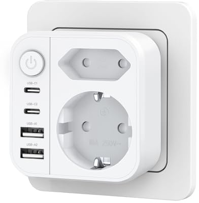 OUFUYU Mehrfachsteckdose 6-in-1 mit USB, Wandsteckdose 3680W/16A | Wandsteckdose mit Schalter, Doppelstecker mit 2 USBA und 2 USBC Steckdose, Mehrfachstecker für Zuhause, Büro, Reisen