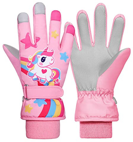 Jupsk Kinder Winter Skihandschuhe Wasserdicht Snowboard Handschuhe Anti-Rutsch Plüsch Gefüttert Warm Einhorn Handschuhe für Mädchen Jungen 2-9 Jahre alt