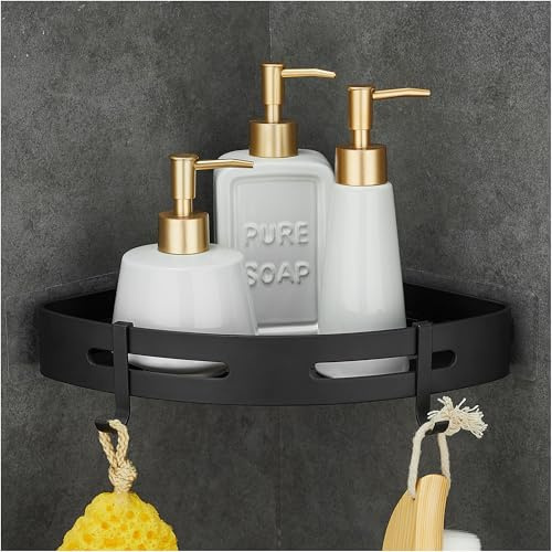 GRICOL Duschregal, ohne Bohren, Eckregal, Dusche, mit Selbstklebendem Metall, mit 2 Haken, rostfrei, für Badezimmer, Schwarz