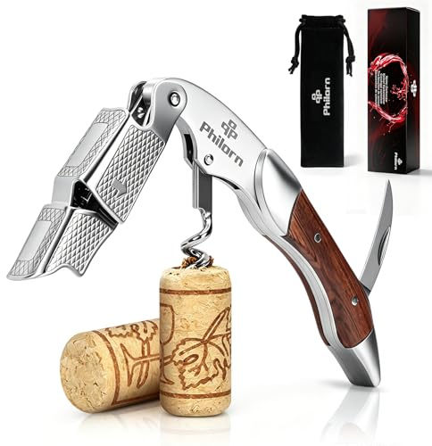 Philorn Kellnermesser All-in-1, Korkenzieher Wein Profi, Holz Kellnerbesteck Edelstahl, Gratis Weinrezept Ebook, Weinflaschenöffner, Kellnerkorkenzieher, Sommeliermesser mit Flaschenöffner
