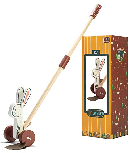 HEJ LØNNE Schiebespielzeug Holz Schneehase IDA, Lauflernspielzeug mit Stab | Watschelfigur 12 x 12 x 11 cm, abnehmbare Silikonfüße, 56 cm Stab zum Auseinanderschrauben, mit Minibuch und Anhänger